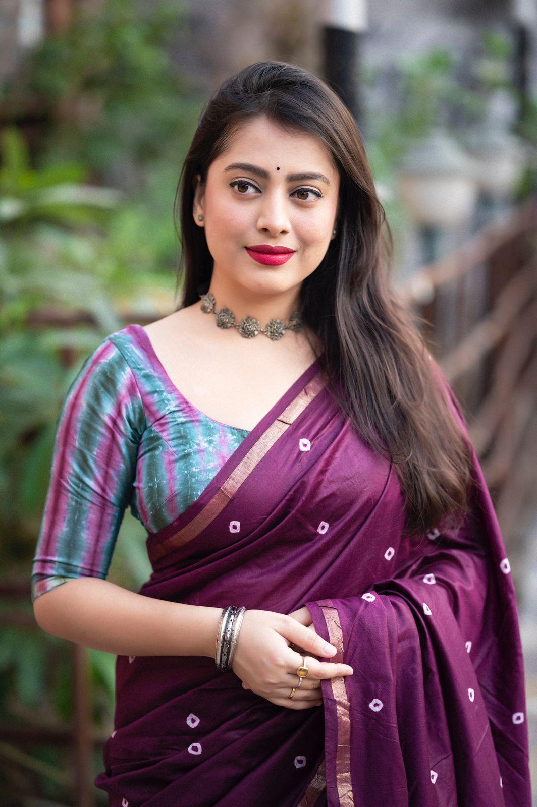 Purple Chanderi Cotton Block Print Saree with Unstitched Blouse - Hiral Fashion - Distacart