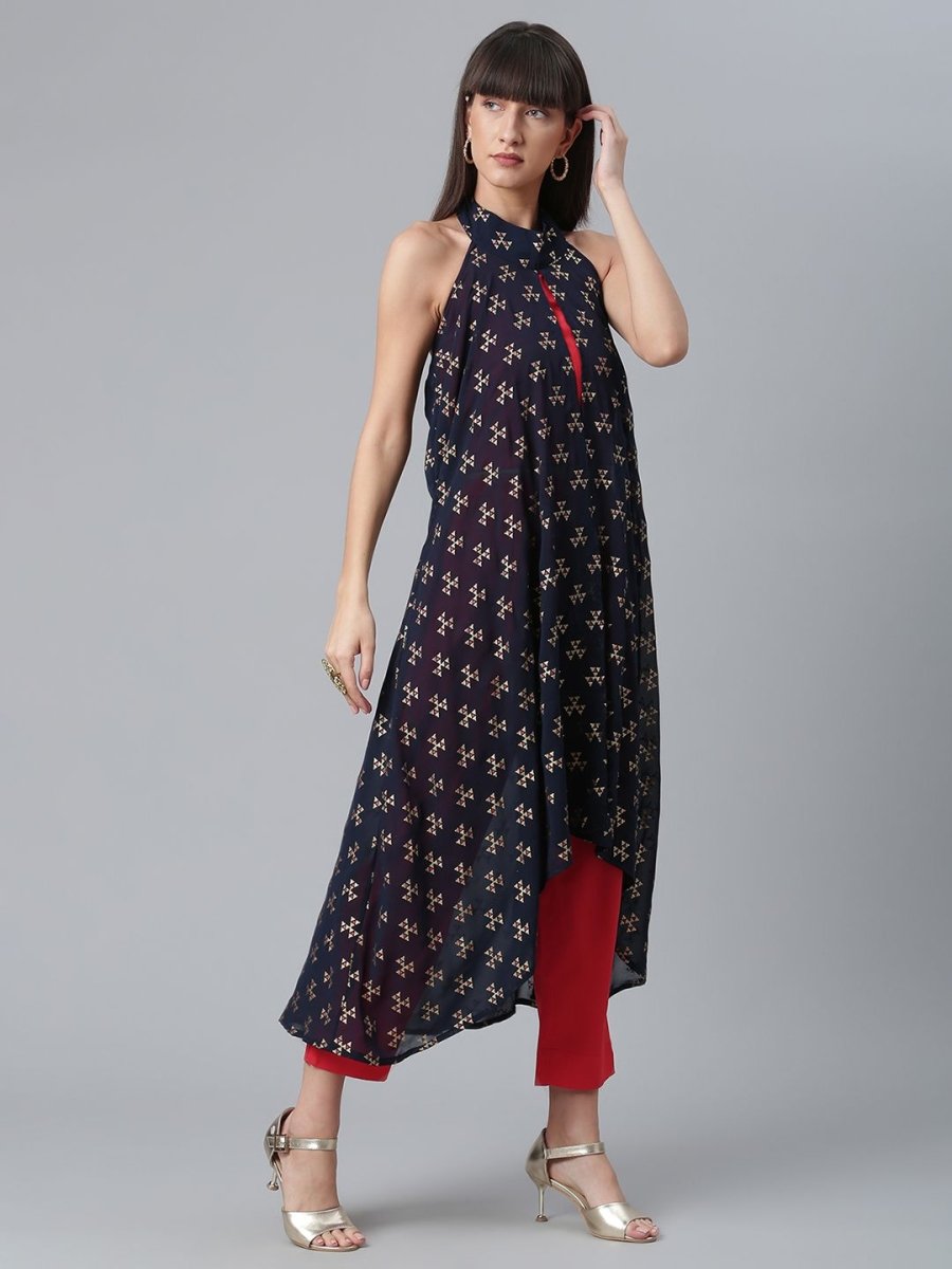 Ahalyaa Women Red Crepe Solid kurta Pant with Printed Jacket - Distacart