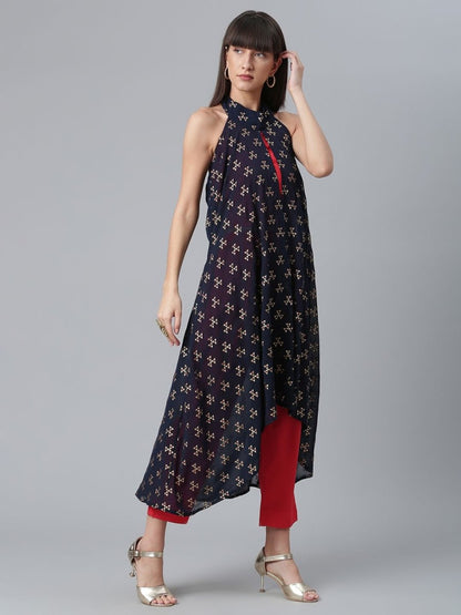 Ahalyaa Women Red Crepe Solid kurta Pant with Printed Jacket - Distacart