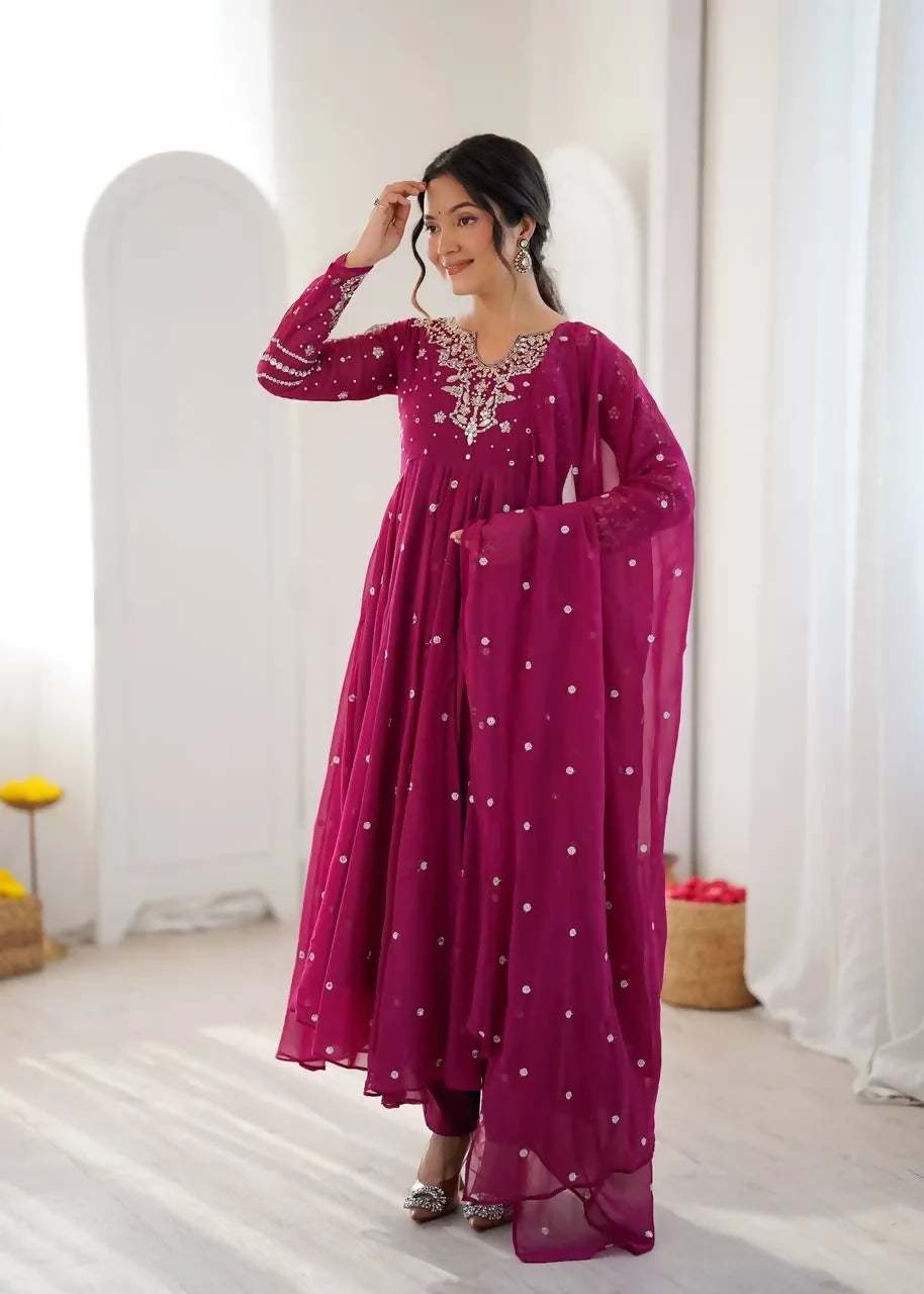 Teeya Creation Rani Pink Mirror & Sequence Work Georgette Anarkali Suit Set