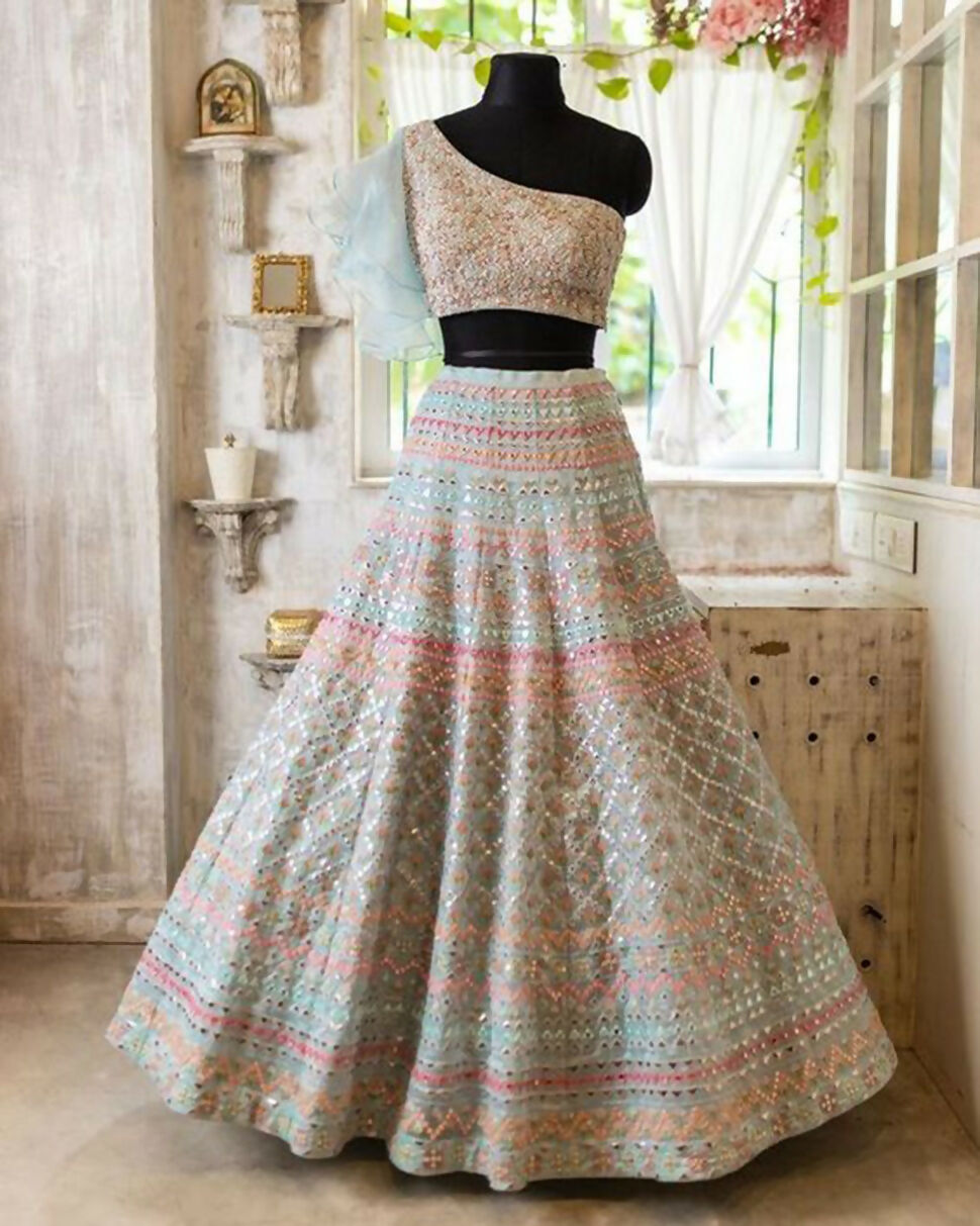 Jyoti Fashion Light Turquoise Thread, Zari and Paper Mirror Embroidered Organza One Shoulder Bridal Lehenga Choli - Distacart