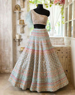 Thumbnail for Jyoti Fashion Light Turquoise Thread, Zari and Paper Mirror Embroidered Organza One Shoulder Bridal Lehenga Choli - Distacart
