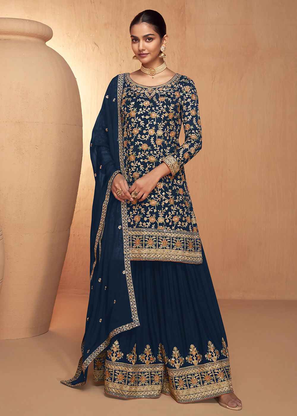 Blue Real Chinnon Embroidered Wedding Festive Palazzo Suit - Emponline - Distacart