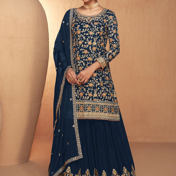 Blue Real Chinnon Embroidered Wedding Festive Palazzo Suit - Emponline - Distacart