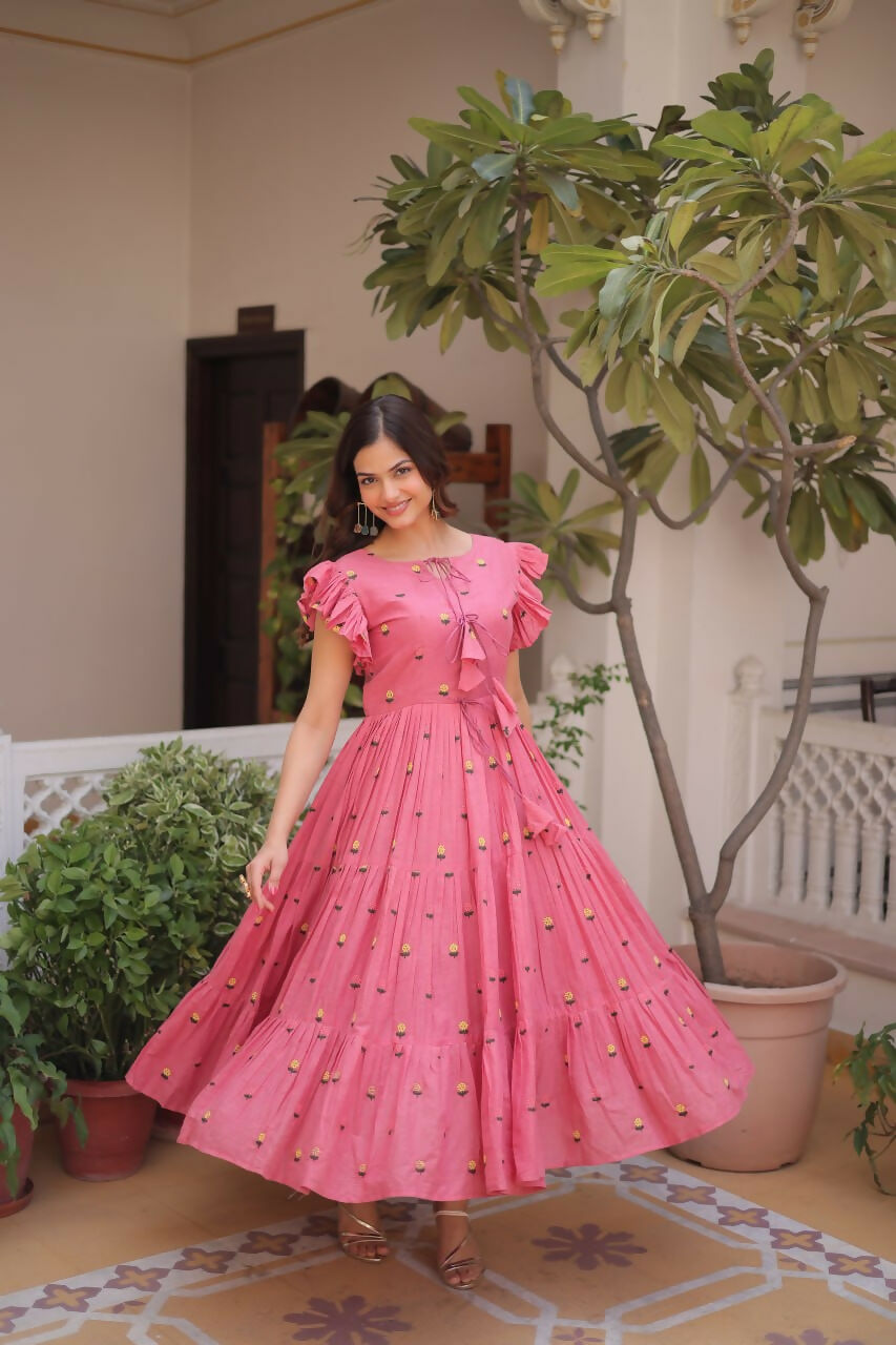 Teeya Creation Womens New Summer Wear Cotton Fabric With Embroidered Work Gown Set - Dista