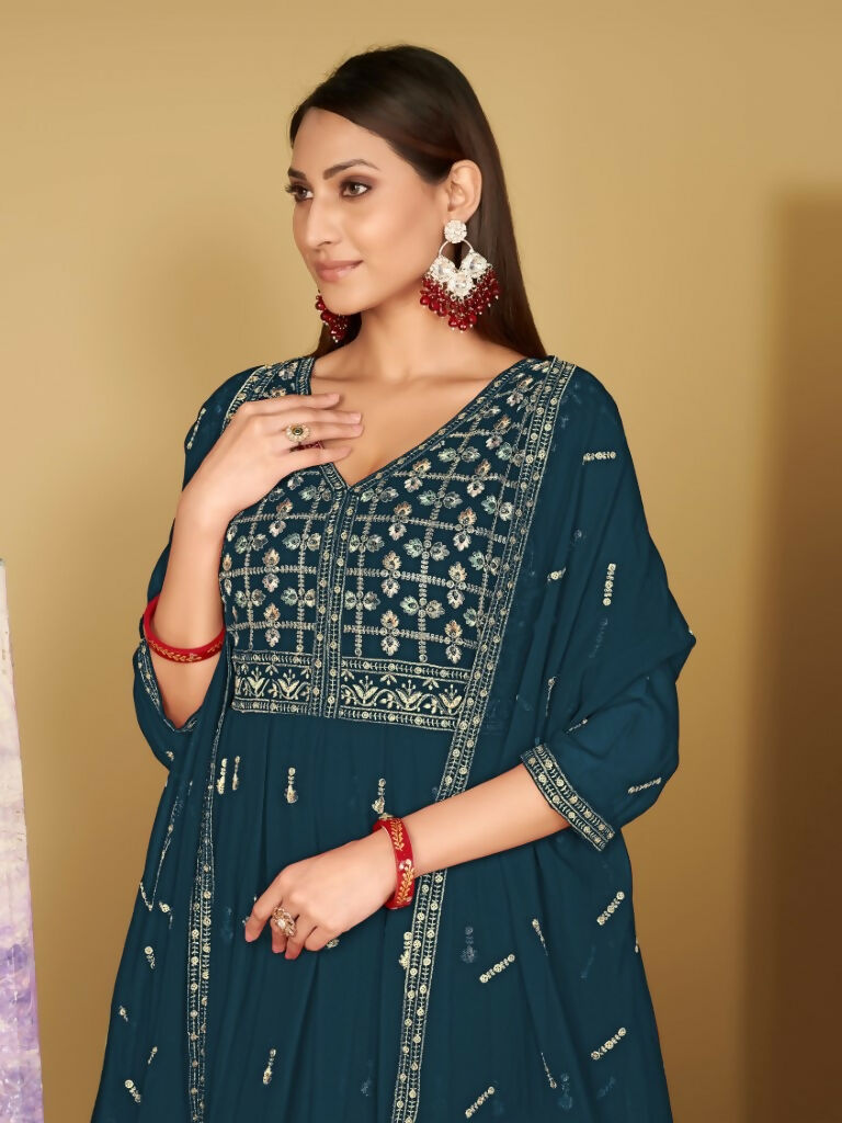 Jyoti Fashion Women's Rama Georgette Embroidered Anarkali Kurta Pant Set With Dupatta - Distacart