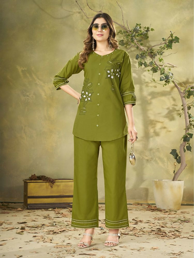 Teeya Creation Olive Green Embroidered Cotton Co-ord Set for Women - Dista