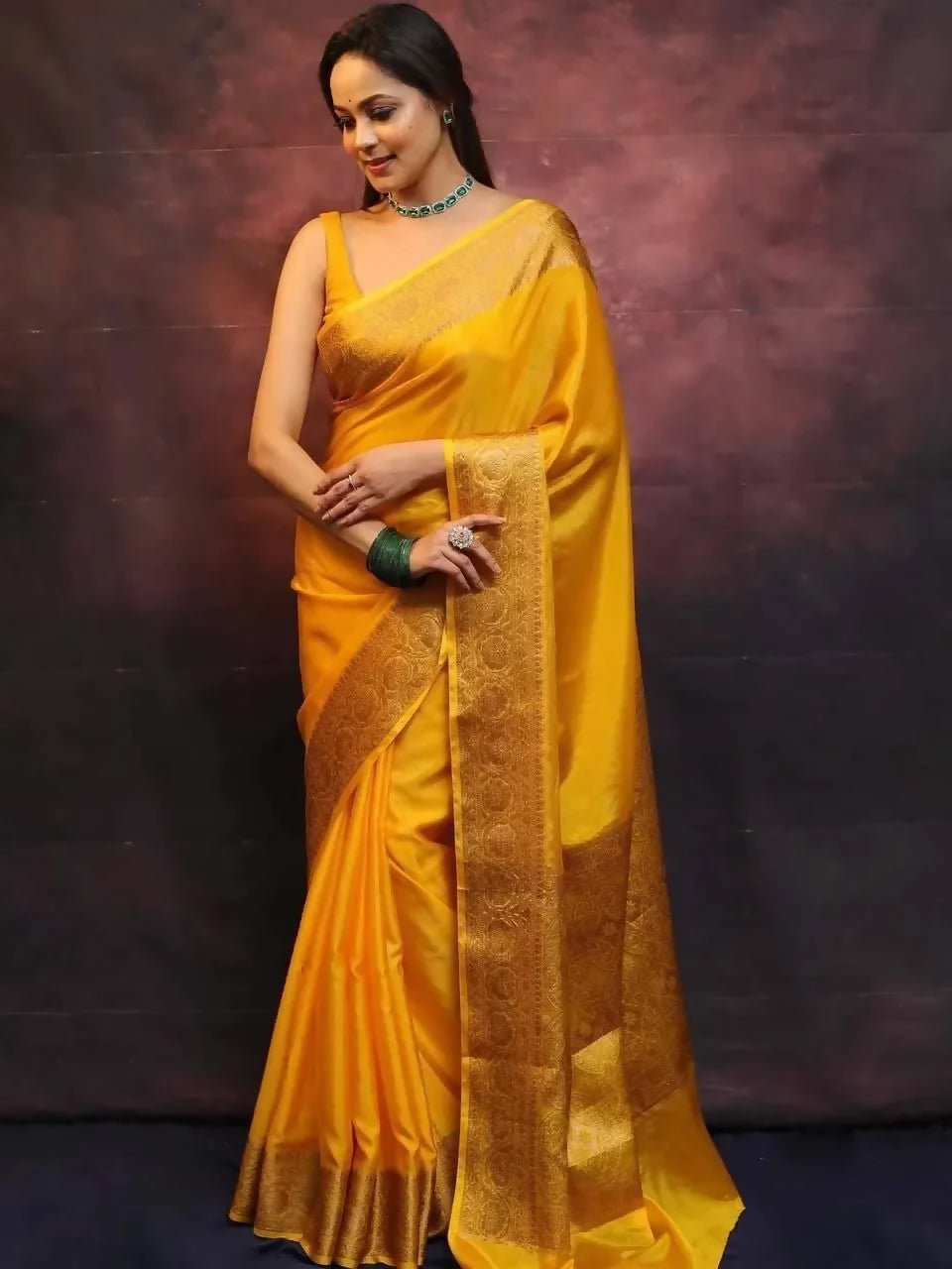 Prime Volt Yellow Golden Banarasi Soft Lichi Silk Jacquard Saree with Rich Pallu and Matching Blouse