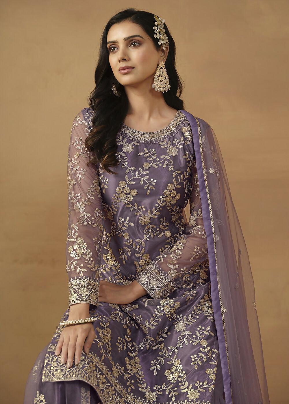 Dusty Purple Net Embroidered Wedding Festive Gharara Suit - Emponline - Distacart