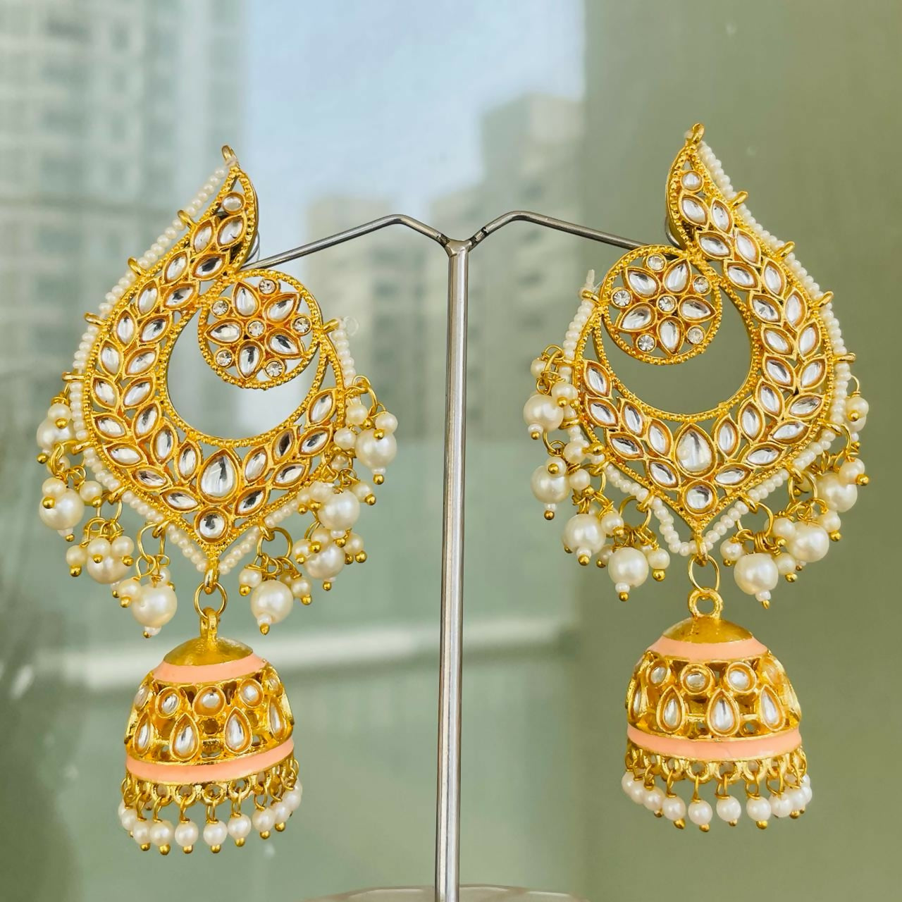 Beige Gold-Polished Peacock Design Brass Kundan Stone Handcrafted Jhumka Latkan Earrings For Women And Girls By House of Ree - Distacart
