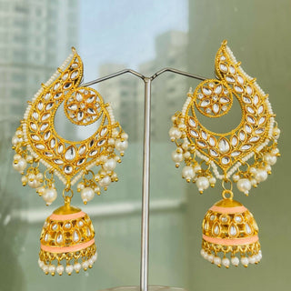 Beige Gold-Polished Peacock Design Brass Kundan Stone Handcrafted Jhumka Latkan Earrings For Women And Girls By House of Ree - Distacart