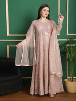Thumbnail for Aastha Fashion Women's Peach Green Net Floral Cording with Sequin & Crystal work Anarkali Dress Set - Distacart