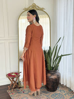 Thumbnail for The52 Rust Women's Gorgeous Embroidered Vichitra Silk Fabric Flared Kurta, Pant and Dupatta Set - Distacart