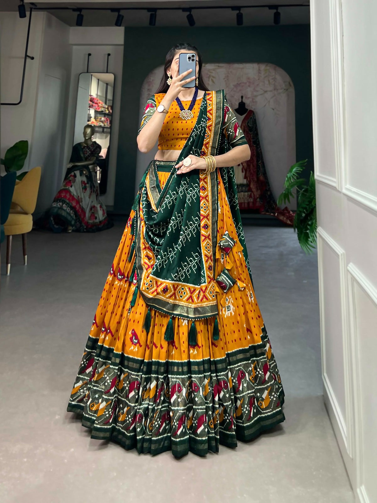 Vastranavya Traditional Ikkat Patola Print Tussar Silk Lehenga Choli - Mustard - Distacart