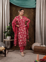 Thumbnail for Yufta Hot Pink Floral Print Pure Cotton Beads Straight Kurta Dupatta Set With Lace Detailing