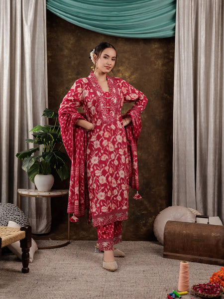 Yufta Hot Pink Floral Print Pure Cotton Beads Straight Kurta Dupatta Set With Lace Detailing