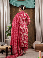 Thumbnail for Yufta Hot Pink Floral Print Pure Cotton Beads Straight Kurta Dupatta Set With Lace Detailing