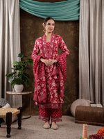 Thumbnail for Yufta Hot Pink Floral Print Pure Cotton Beads Straight Kurta Dupatta Set With Lace Detailing