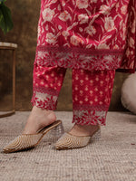 Thumbnail for Yufta Hot Pink Floral Print Pure Cotton Beads Straight Kurta Dupatta Set With Lace Detailing