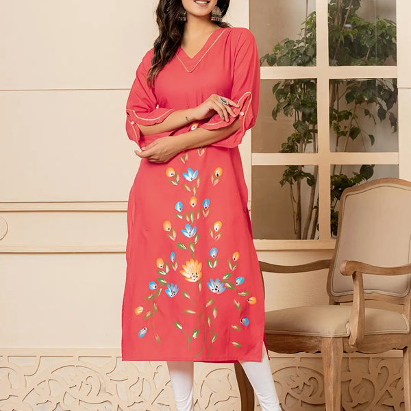 Yufta Hot Pink Hand Painted Straight Kurta - Distacart