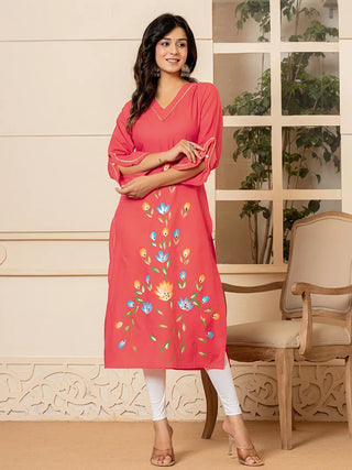 Yufta Hot Pink Hand Painted Straight Kurta