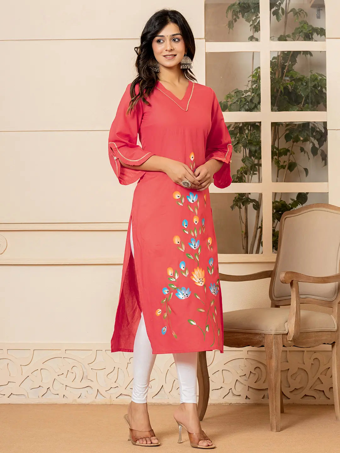 Yufta Hot Pink Hand Painted Straight Kurta - Distacart