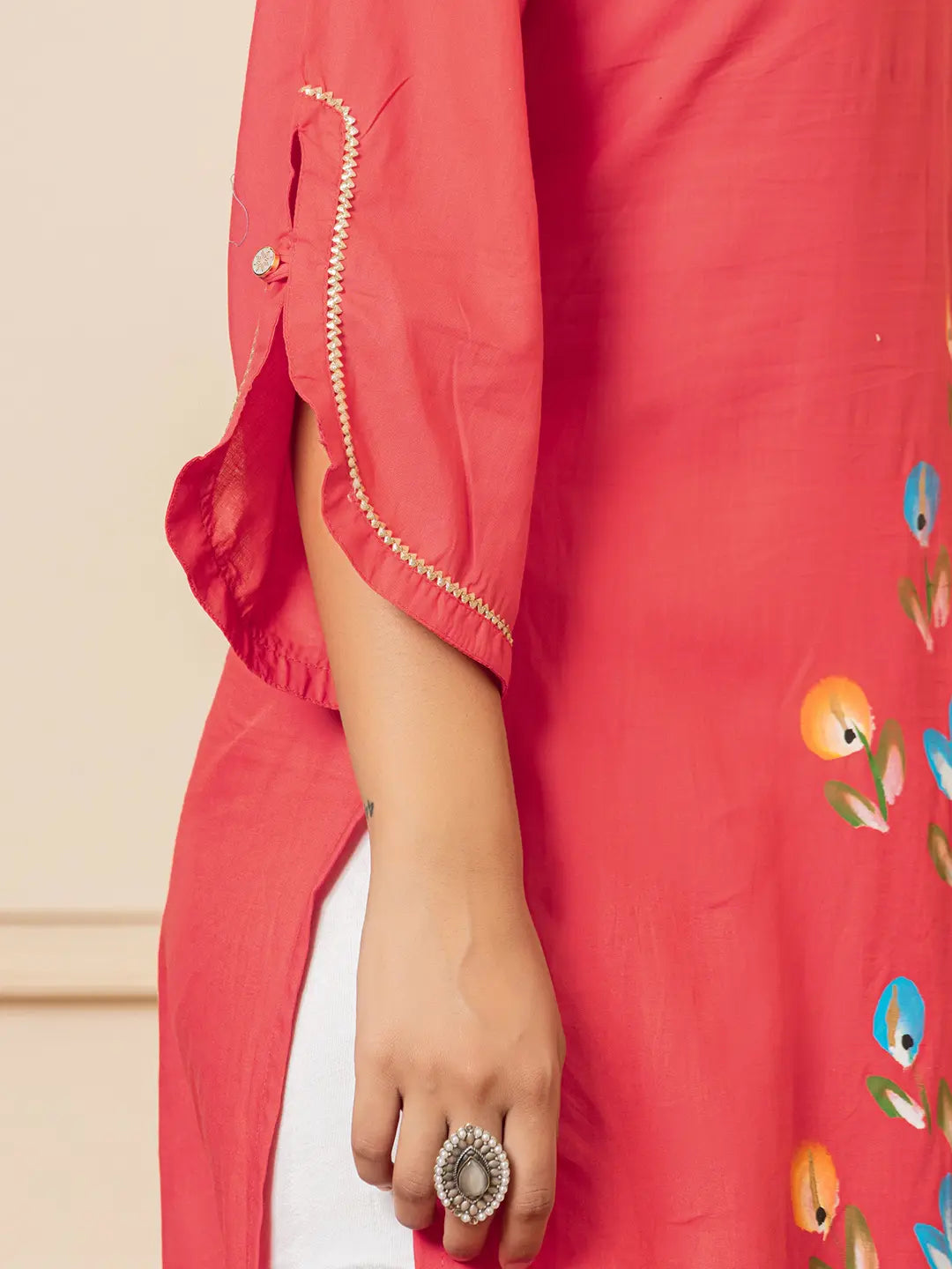 Yufta Hot Pink Hand Painted Straight Kurta