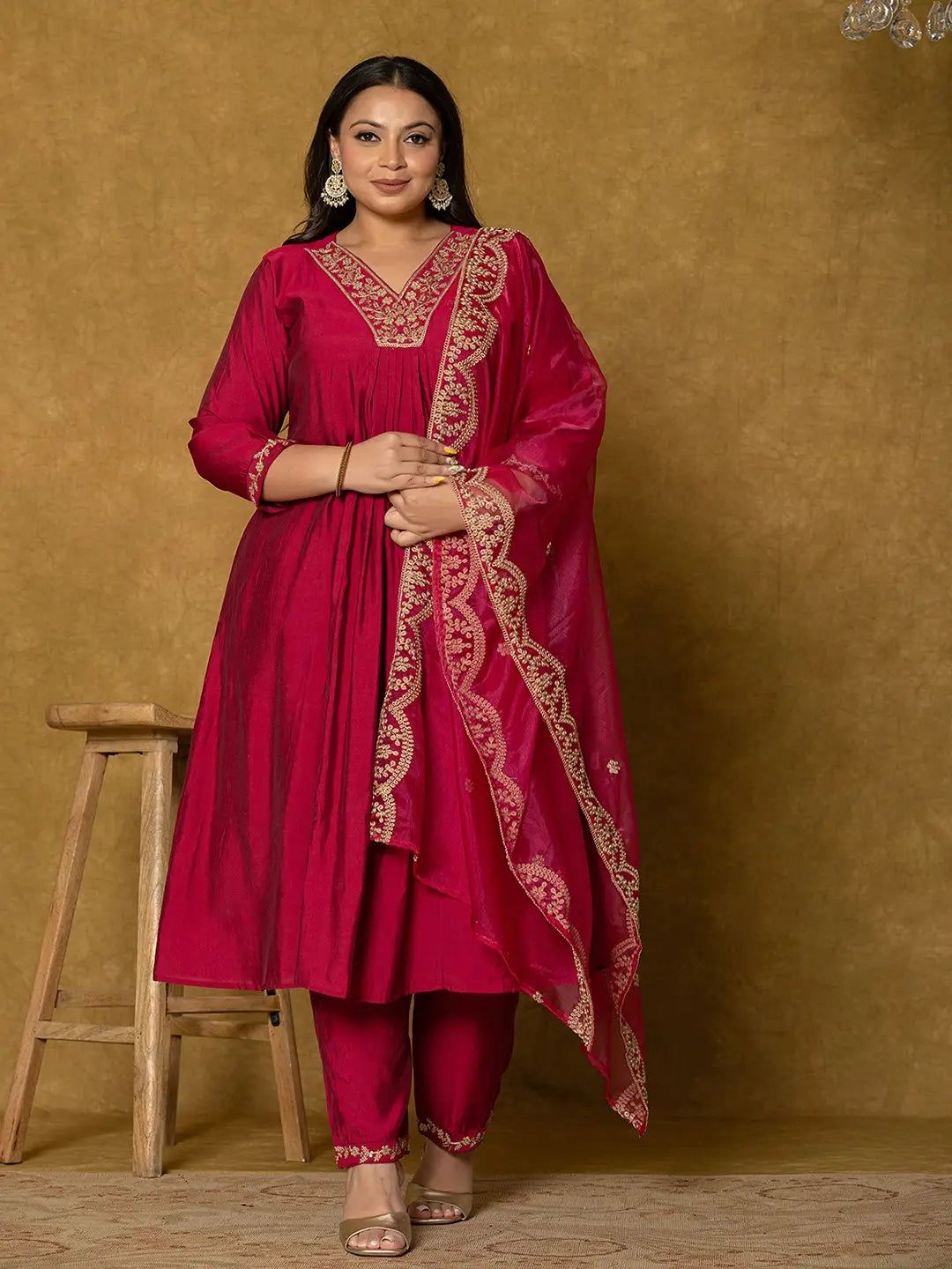 Yufta Hot Pink Silk Embroidered Plus Size Kurta Dupatta Set