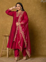 Thumbnail for Yufta Hot Pink Silk Embroidered Plus Size Kurta Dupatta Set