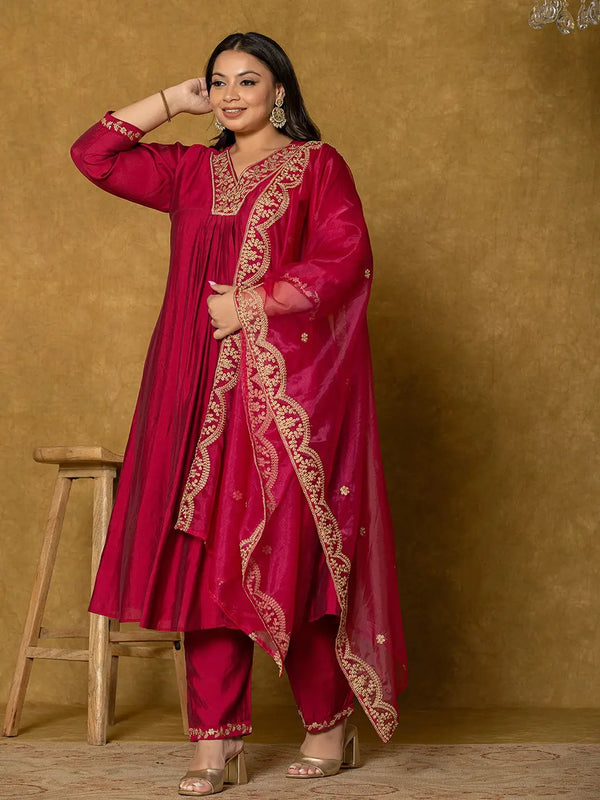 Yufta Hot Pink Silk Embroidered Plus Size Kurta Dupatta Set