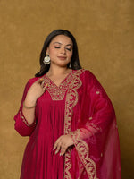 Thumbnail for Yufta Hot Pink Silk Embroidered Plus Size Kurta Dupatta Set