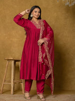 Thumbnail for Yufta Hot Pink Silk Embroidered Plus Size Kurta Dupatta Set