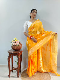 Thumbnail for Malishka Cotton Silk Jacquard Ready To Wear Saree With Blouse Piece - Yellow - Distacart