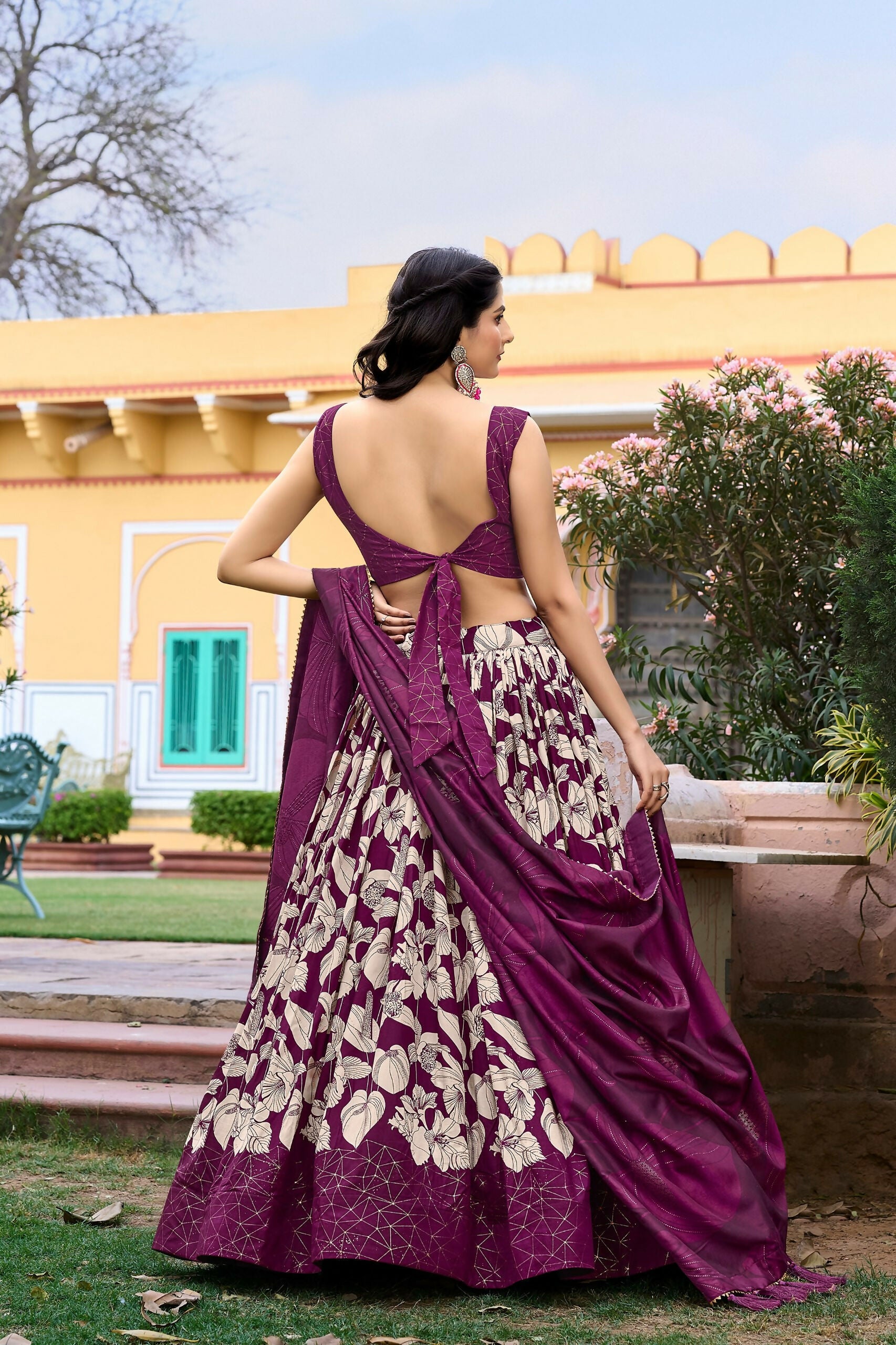 Vastranavya Ethnic Look Tussar Silk Floral Printed With Foil Work Indian Lehenga Choli - Wine - Distacart