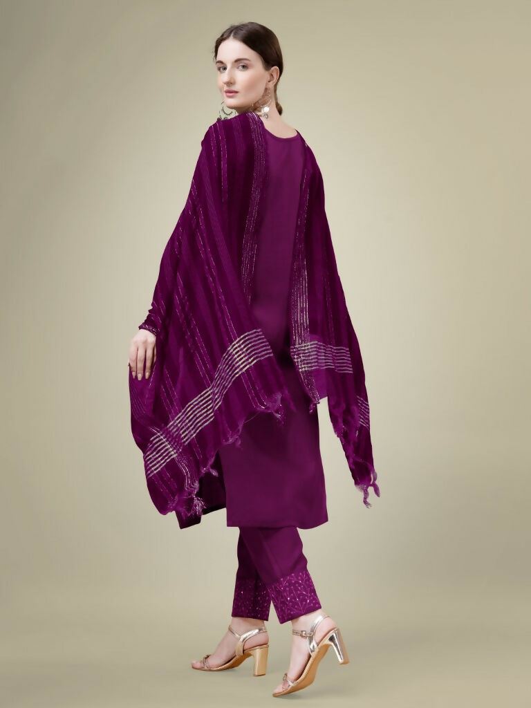 Jyoti Fashion Women's Purple Cotton Blend Embroidery & Sequence work Kurta with Trouser & Dupatta - Distacart