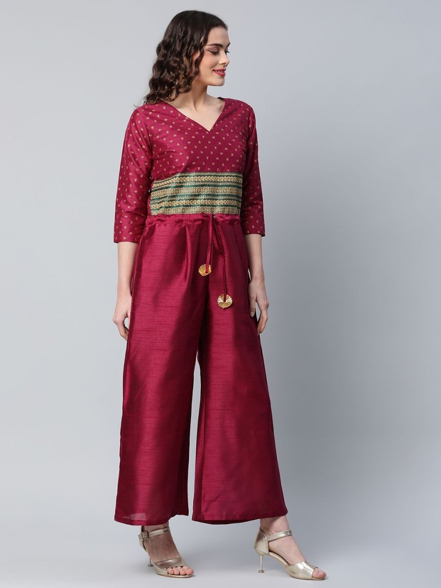 Ahalyaa Womens Burgundy crepe Printed Jumpsuit