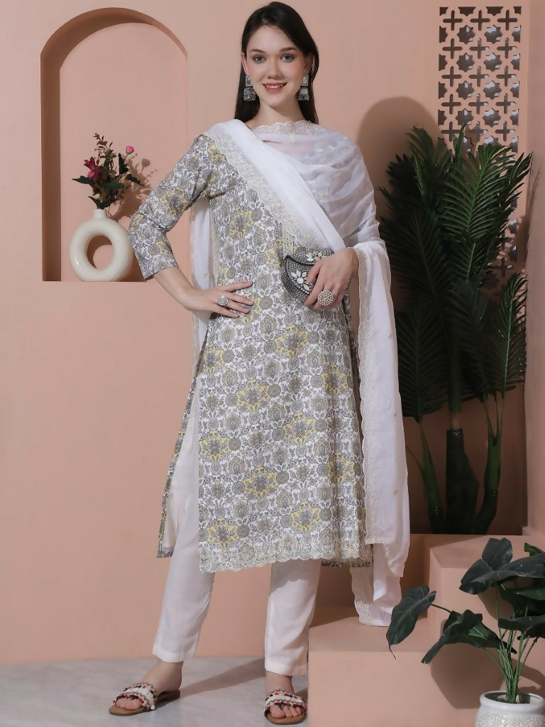 Jyoti Fashion Women's Off White Cotton Floral Digital Printed Kurta with Trouser & Dupatta - Distacart