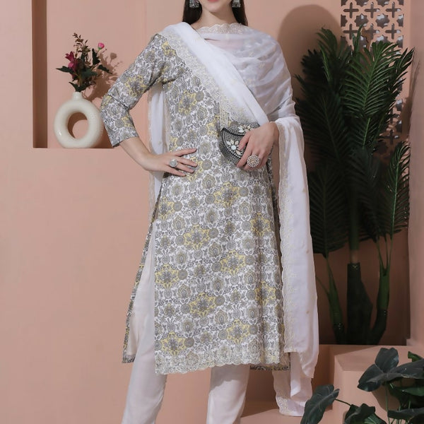 Jyoti Fashion Women's Off White Cotton Floral Digital Printed Kurta with Trouser & Dupatta - Distacart