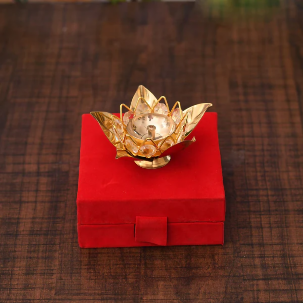 CraftVatika Brass Crystal Lotus Shape Diya Deepak With Gift Box - Dista