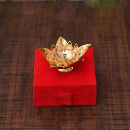 CraftVatika Brass Crystal Lotus Shape Diya Deepak With Gift Box - Dista
