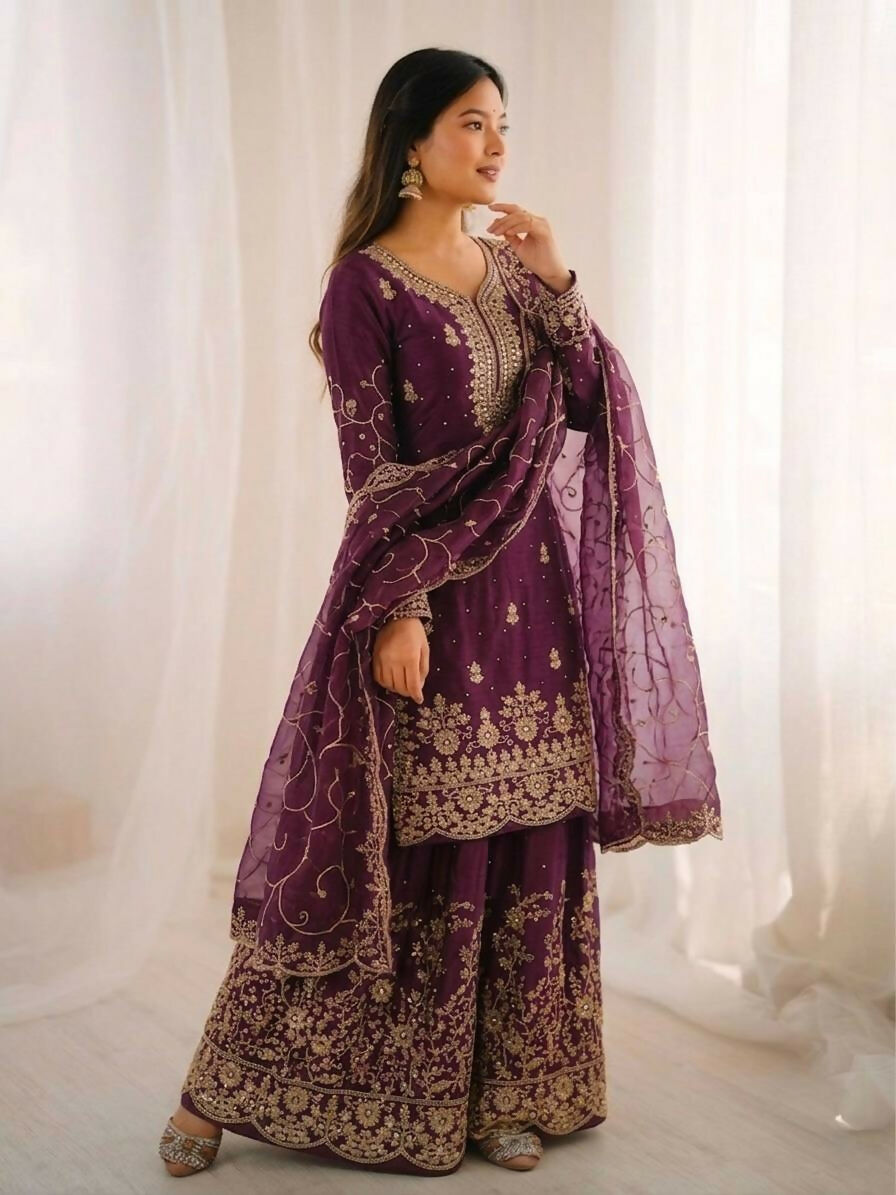 Teeya Creation Wine Color Gymmi Silk Embroidery Work Wedding Wear Sharara Set - Distacart