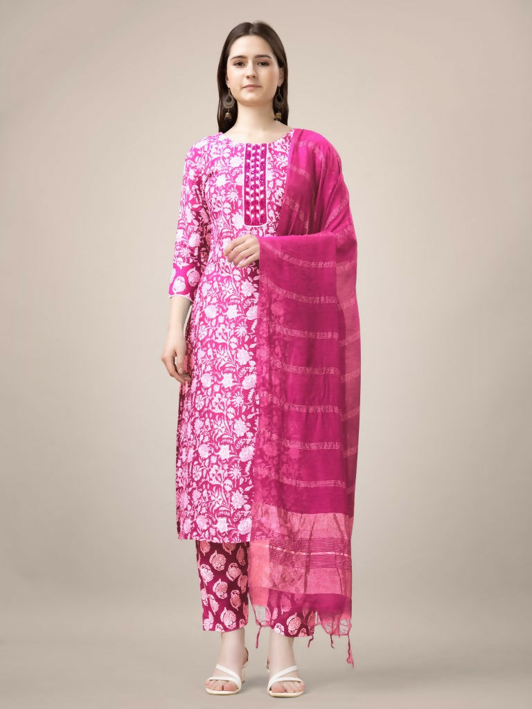 Jyoti Fashion Women's Pink Rayon Print with Embroidery & Fancy Lace Work Kurta with Trouser & Dupatta - Distacart