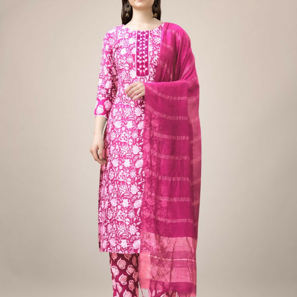 Jyoti Fashion Women's Pink Rayon Print with Embroidery & Fancy Lace Work Kurta with Trouser & Dupatta - Distacart