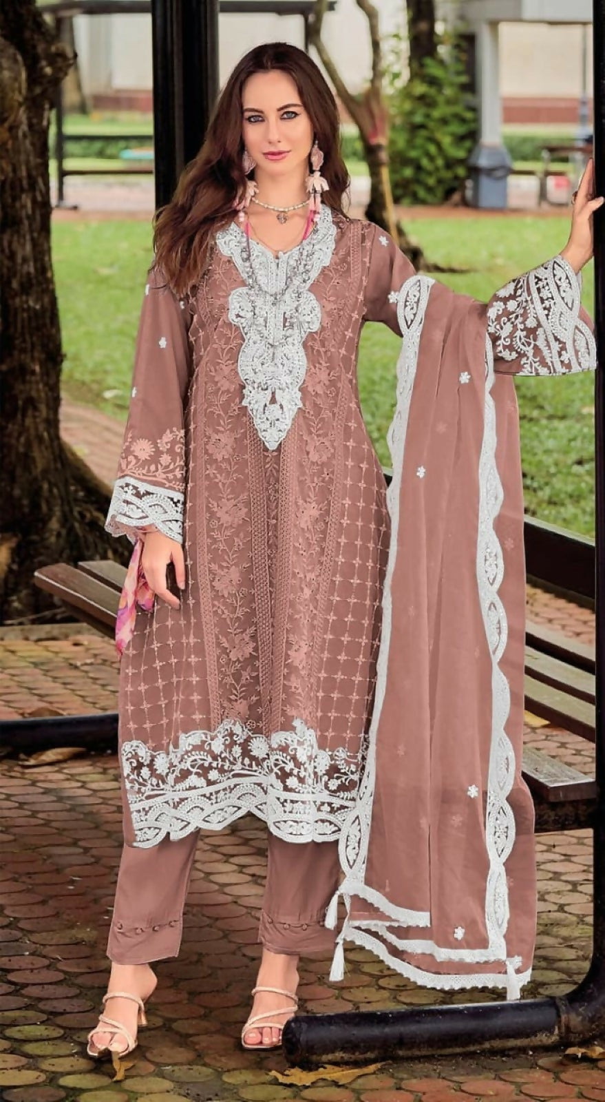 Anaita Brown Silk Stitched Suit with Embroidery Sequins - Distacart