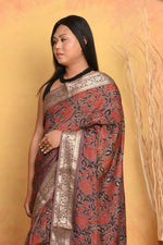 Thumbnail for Very Much Indian Modal Silk Ajrakh Handblock Printed Natural Dyes With Designer Border Saree - Maroon - Distacart