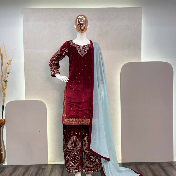 Vastranavya Maroon Viscose Velvet Cording Sequence Embroidery Work Suit With Dupatta