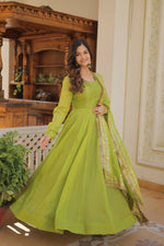 Thumbnail for Aastha Fashion Women's Green Russian Silk Kali Pattern Work in Flair Anarkali Dress with Dupatta - Distacart