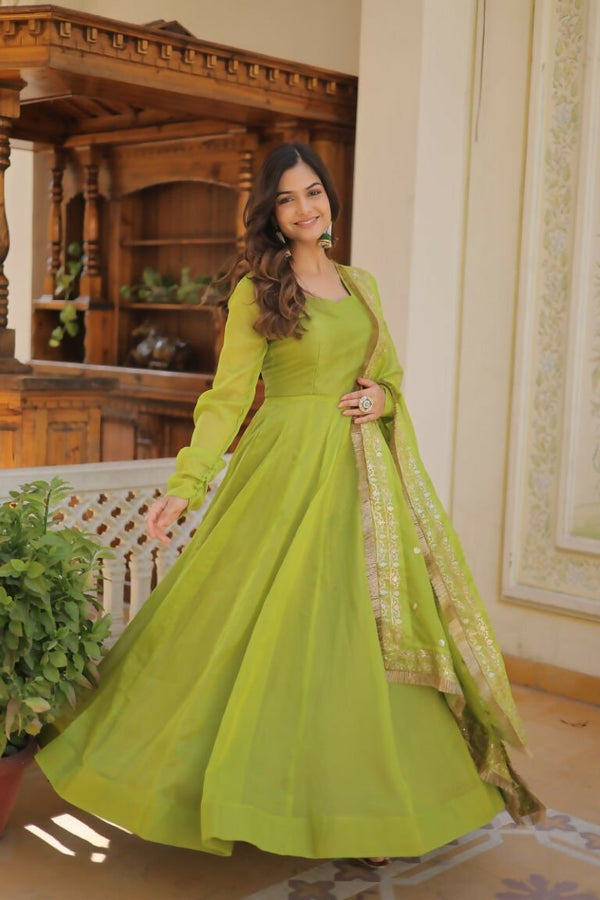 Aastha Fashion Women's Green Russian Silk Kali Pattern Work in Flair Anarkali Dress with Dupatta - Distacart