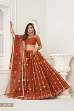 Thumbnail for Aastha Fashion Brown Butterfly Net Tone To Tone Thread Work And Mirror Work Embroidery Wedding Wear Lehenga Choli - Distacart