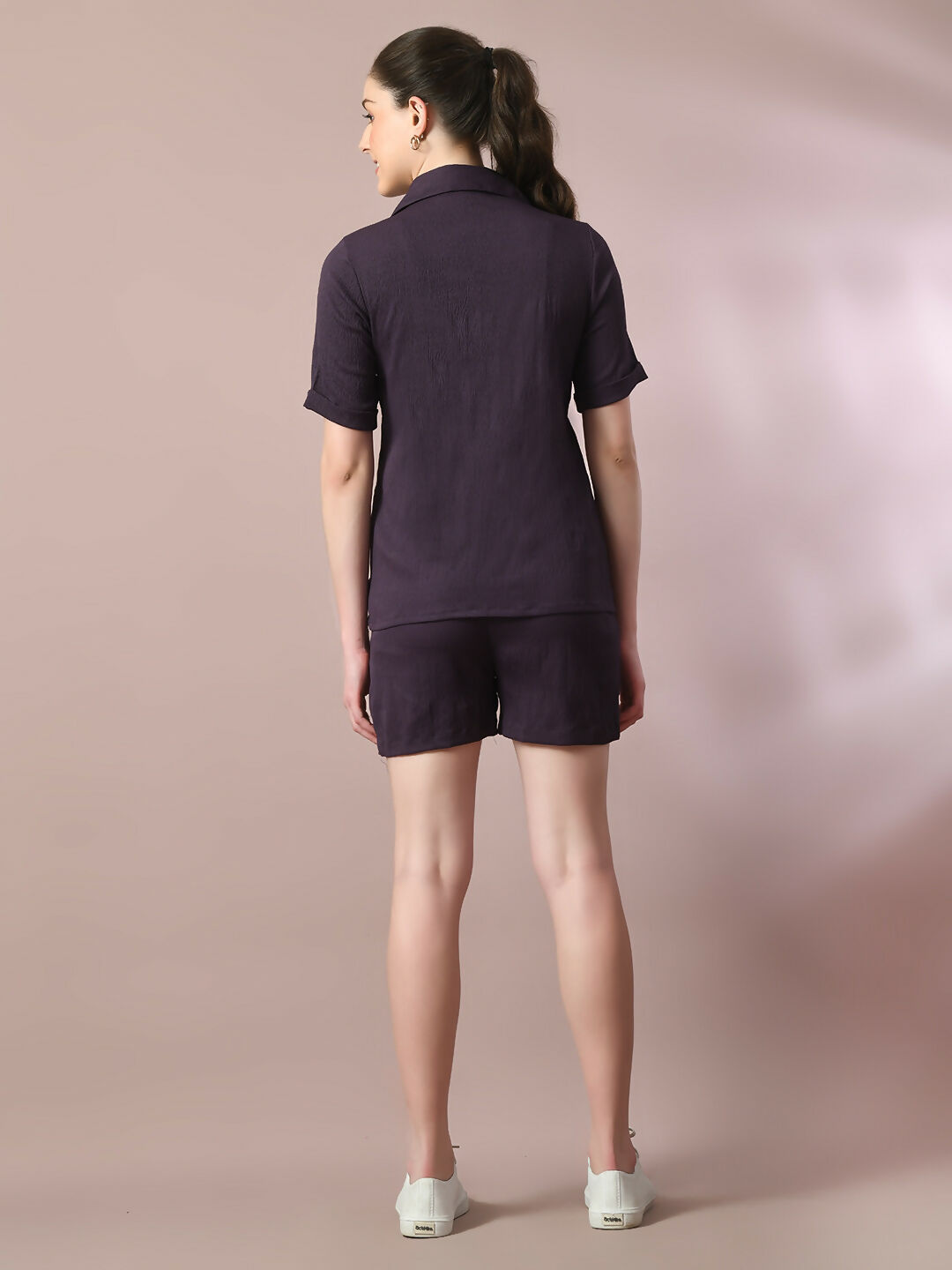 Myshka Women's Violet Solid Shirt Collar Party Shirt With Shorts Co-ord set - Distacart